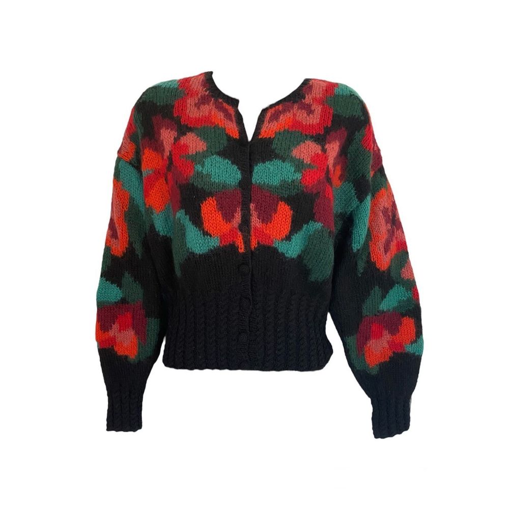 Susan Bristol Black Cardigan Sweater with Red and Green Floral Pattern
